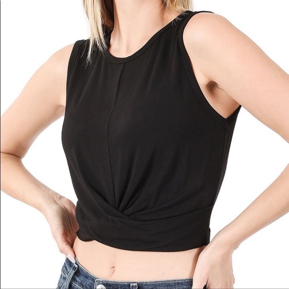 Tops - Cropped Twist Front Tank Top - Black Size Lg